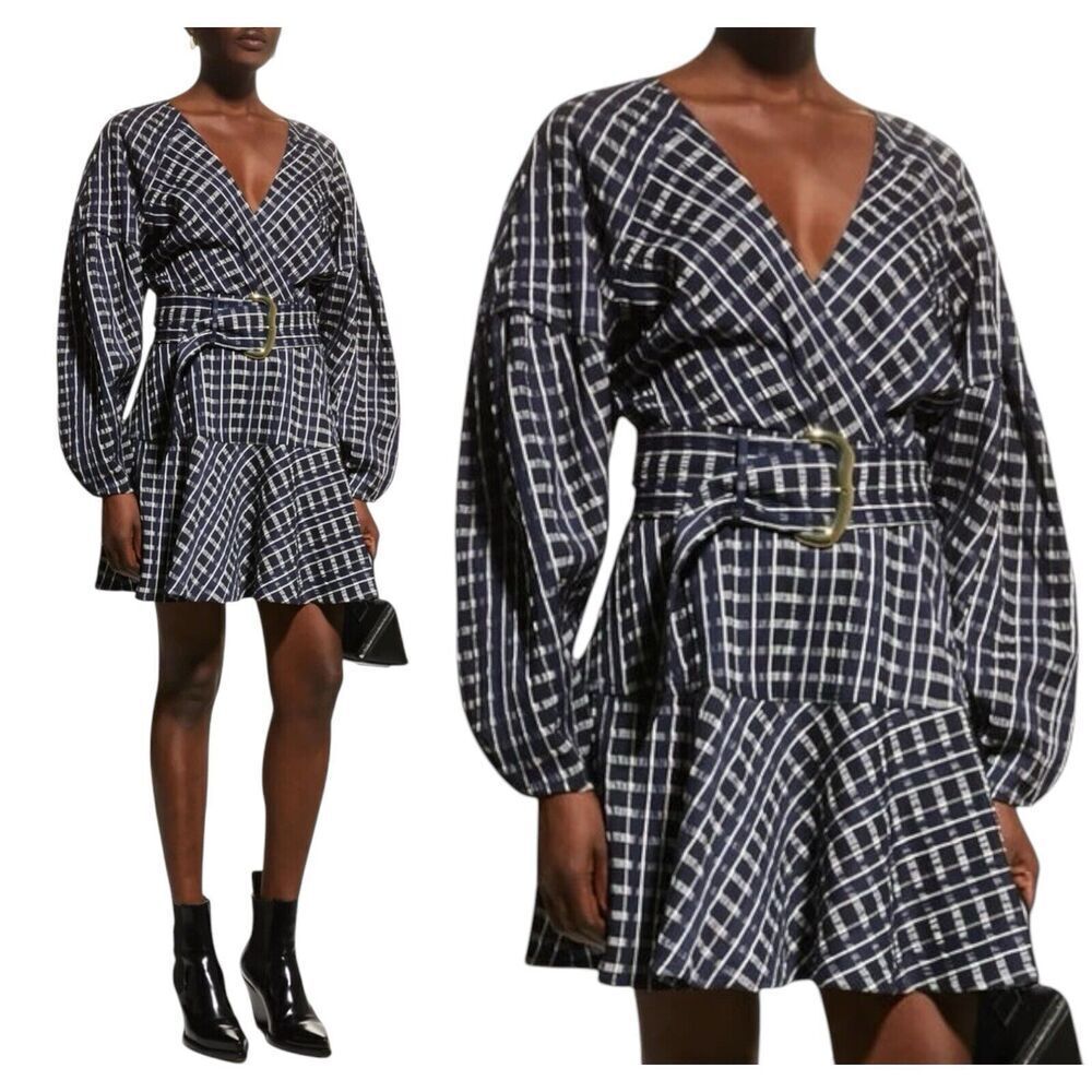 NEW Tanya Taylor Dress 4 Blue Plaid Nicola Belt Buckle Wrap Puff Sleeve Retro